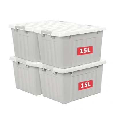 Afbeelding van Cetomo 15L x 4 opbergdozen met deksels, plastic opbergbakken vergrendelende gespen, kliksluiting, stapelbaar, nesten, organizer voor thuiskantoorkleding, grijs, Pack