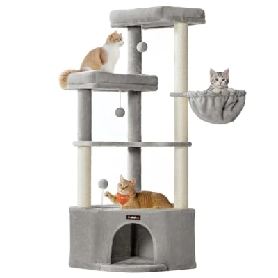 Afbeelding van Feandrea kattenboom, 48,5 x 140,7 cm, kattenspeeltoren, met grot, grote platforms, pluchen ballen, hangmat, duifgrijs PCT009G01