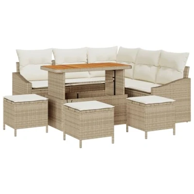 Afbeelding van vidaXL 9 delige Tuin Sofa Set met Kussens Beige Poly Rattan Acacia, 2 zits Rattan, 4 Eetset Acacia