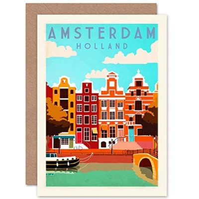 Afbeelding van Wee Blue Coo Holland Amsterdam Canal Barge Colourful Greeting Card CP1289