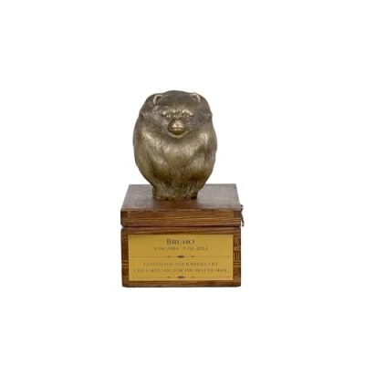Afbeelding van Art Dog handgemaakte aangepaste hondenherdenkingsurn koudgegoten bronzen hondenkop op berkenbasis langdurige hondencrematiedoos 16x28x16cm Pommeren