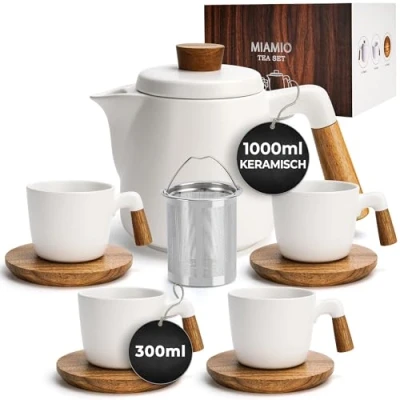 Afbeelding van MIAMIO 1000 ml keramische theepot set met thee ei en kopjes/theezeef, 4 mokken (300 ml), bamboe schotels/handvat voor thuis kantoor (Witte)