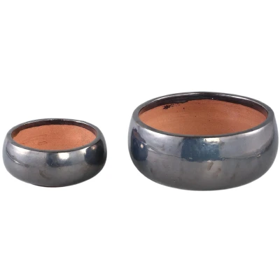 Afbeelding van PTMD Bloempot Nayaa 30x30x14 cm Keramiek Zilver Set van 2