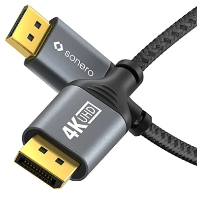 Afbeelding van Sonero® 4K DisplayPort kabel 1.2, stekker op stekker, 60Hz, 2K 144Hz, katoenen mantel, grijs/zwart, 3,00 meter