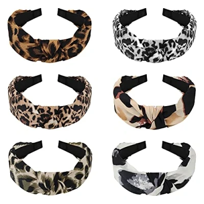 Afbeelding van Belle Vous Brede Top Kruis Knot Luipaard Print Tulband Hoofdbanden (6 Pak) Standaard Geknoopte Elastieken Boho Hoofdband Haar Accessoires voor Dames en Meisjes 6 Ontwerpen