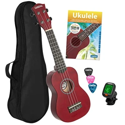 Afbeelding van Soprano Ukulele Linden Red Set (incl. incl. 4 languages Method (DE/EN/FR/ES), Bag unpadded, 3 Picks, Tuner) **