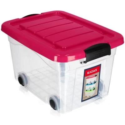 Afbeelding van KADAX Kunststof container met wieltjes, opbergdoos van kunststof, organizer deksel, clipbox voor speelgoed, kliksluiting (20 l, roze)