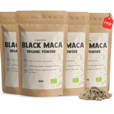 Afbeelding van Cupplement 4 Zakken Zwarte Maca Poeder 100 Gram Inclusief Opschuimer Biologisch 500 MG Per Capsule Black Testosteron Supplement Root Superfood Pure Geen Poeder, Pillen, Arginine, Tabletten, Extract of Gele Wortel Peru Rode