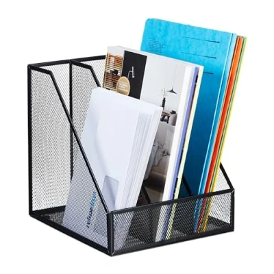 Afbeelding van Relaxdays tijdschriftencassette metaal 3 vakken A4 tijdschriftenhouder staand zwart