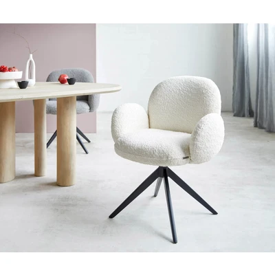 Afbeelding van DELIFE Draaistoel Nube Flex met armleuning bouclé wit kruisframe breed zwart pocketveer kern 360 draaibaar