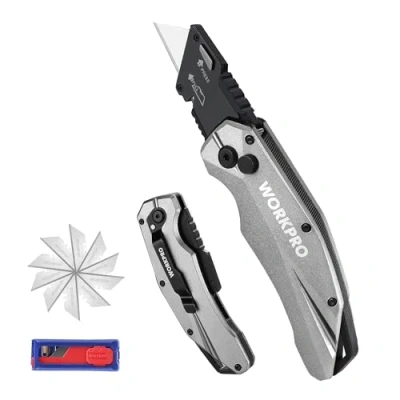 Afbeelding van WORKPRO Professionele opvouwbare cutter, utility snijder met snelwisselmechanisme, zilveren 10 extra SK5 messen, ideaal voor snijden