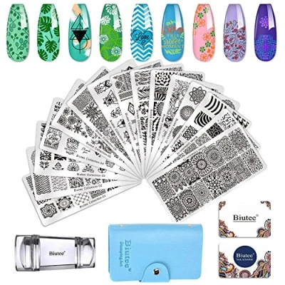 Afbeelding van Biutee Nagelstempel, stempelsjabloon, 15 stuks, nagelstempelset, nageldesign, nail art plaat met 1 stempel, 2 schrapers