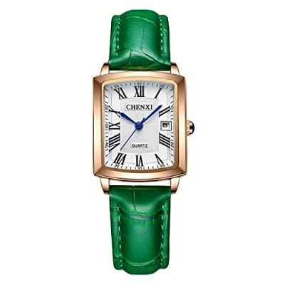 Afbeelding van JewelryWe Vrouwen Horloges Vierkante Analoge Grote Romeinse Cijfers Quartz Kalender Horloge Business Casual Lederen Horloge, Groen, riem