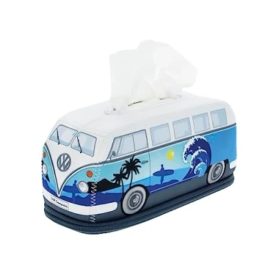 Afbeelding van BRISA VW Collection Volkswagen neopreen cosmetica servetten dispenser papieren zakdoek tissue box voor de badkamer in T1 Bulli bus design (surf/lichtblauw)