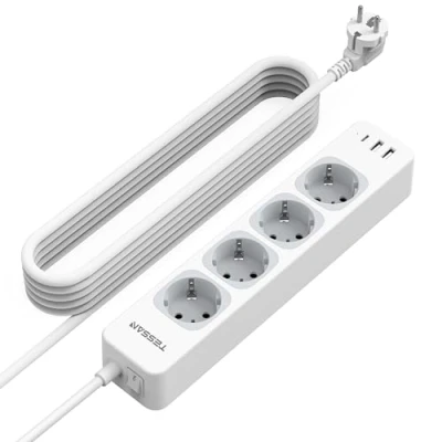 Afbeelding van TESSAN 4 Voudige Stekkerdoos met Verlengkabel 5M, 1 USB C en 2 A, Schakelaar, 3600W Verdeeldoos Stekkerdoos, Meerdere Stopcontacten