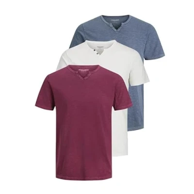 Afbeelding van JACK &amp; JONES JJESPLIT Basic T shirt voor heren, V hals, korte mouwen, jersey katoenen met knopen, Verpakking van 3 (Pack A: Port Royale, Flint Stone, Cloud Dancer), S