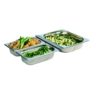 Afbeelding van APS GN container set, 4 delig roestvrij staal bestaande uit: 1 1/2 container, liter 32,5 x 26,5 cm, diepte: 65 mm 2 1/4 containers, 1,8 26,4 16,2 adapter