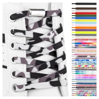 Afbeelding van SULPO Elastische rubberen veters zonder strikken, plat, met draaisluiting, zwart en wit camouflage, One Size