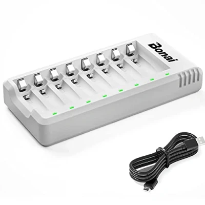 Afbeelding van BONAI Batterijlader 8 Slots (Oonafhankelijk Kanaal) met LED indicator voor AA/AAA NI MH CD Oplaadbare Batterijen en Micro USB Oplaadkabel Meegeleverd, Wit