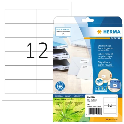 Afbeelding van HERMA 10704 Recycling etiketten DIN A4 (97 x 42,3 mm, 20 vellen, gerecycled papier, mat) zelfklevend, bedrukbaar, permanent hechtende adreslabels, 240 zelfklevende etiketten, natuurlijk wit