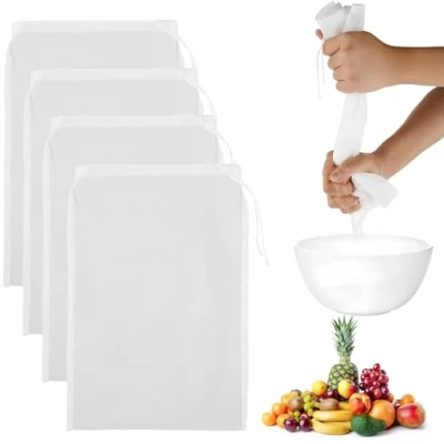 Afbeelding van volumoon 4 pack 200 mesh nylon zeefzak, notenmelkzak, voedselzeef, kaasdoek om te persen, brouwzakken, melkzeef, vergiet voor notenmelk, yoghurt, sap, thee, koud brouwsel, 20 x 30 cm