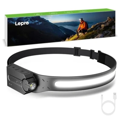 Afbeelding van Lepro hoofdlamp, led, oplaadbaar, superhelder, 350 lumen, met 5 modi, 230 groothoek, schijnwerper bewegingsmelder, 1200 mAh IP44, voor wandelen, kamperen, joggen, inclusief USB C kabel