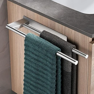 Afbeelding van Dvocel Handdoekhouder zonder boren, dubbel 304 roestvrij staal, handdoekstang, twee armen, zelfklevend, gastendoekhouder, wandmontage, voor badkamer, keuken