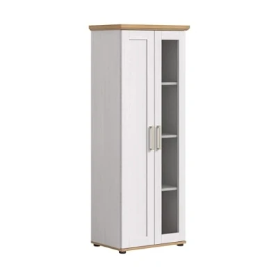Afbeelding van Verona vitrinekast 1 deur glasdeur wit, eik decor.