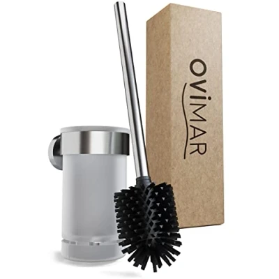 Afbeelding van ovimar Tranerodde toiletborstel, zilver, wandmontage met gaten, siliconen toiletborstel ventilatiefunctie, boor of lijm, roestvrij staal, verwisselbare toiletborstelkop