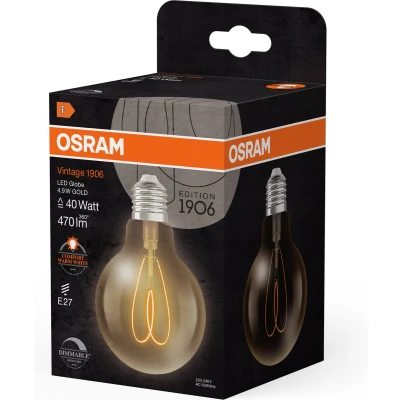 Afbeelding van OSRAM Vintage 1906 Globe is a warm white, dimmable LED lamp in classic ball shape with filament. It offers 4.9 W for 470 lm, E27 socket, gold coloured glass, 80 mm diameter, 2,200 K, EEK F.