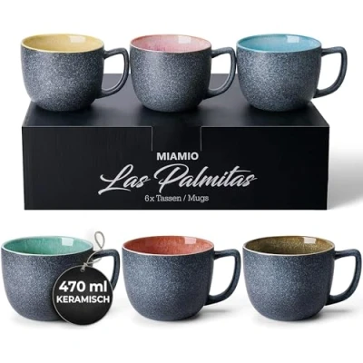 Afbeelding van MiaMio 6 x 470 ml koffiemokken mokken set grote koffiekop moderne steengoed van