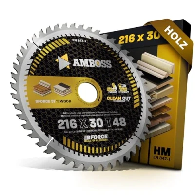 Afbeelding van HM cirkelzaagblad 216x30 Z48 wisseltand voor accu hout fijne snede. AMBOSS WERKZEUGE® zaagblad van 216 mm comp. Bosch GTS 635 Metabo TS Festool KS 60. SYM 70. Festool. Makita. Hitachi