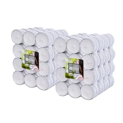 Afbeelding van Müller Geurkaarsen Theelichtjes Anti Tabaksgeur 39 x 15 mm 4 Uur Brandtijd Witte Waxinelichtjes Set van 192 Stuks