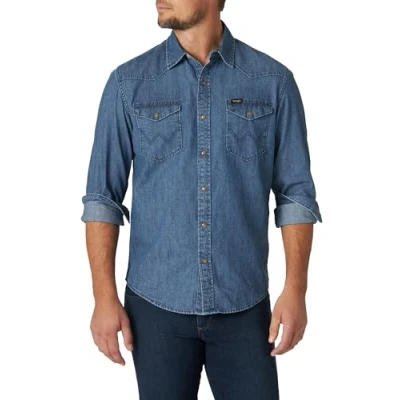 Afbeelding van Wrangler Heren Iconic Denim Regular Fit Snap Shirt met button down kraag, Mid Tint Denim, M