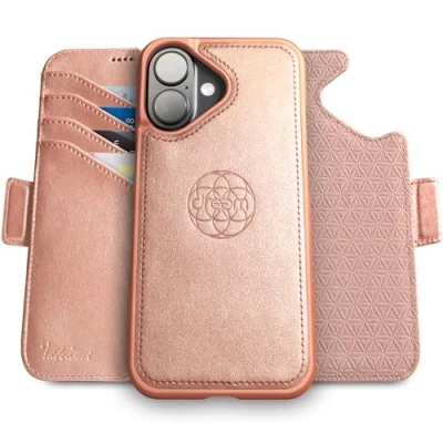 Afbeelding van Dreem Fibonacci compatibel met iPhone 16 portemonnee case / 2 in 1 schokbestendig hoesje en afneembare veganistisch lederen folio, MagSafe, RFID bescherming [Roos]