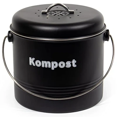 Afbeelding van Theo&amp;Cleo biologische afvalemmer voor de keuken, 7 l, vuilnisemmer geurdicht met actieve koolfilters, compostemmer metaal, biologisch afval retro (mat zwart)