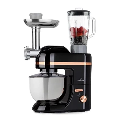 Afbeelding van Klarstein Lucia Elegance Multifunctionele Keukenmachine Mixer &amp; Vleesmolen 2000 W 6 Vermogensstanden Pulsefunctie 5 Liter RVS Kom 1,5 Glazen Mixerkan Kneedhaak, Deeghaak, Garde, Worst , Vlees En Pastahulpstukken Zwart