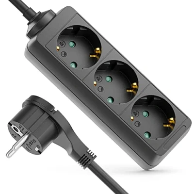 Afbeelding van deleyCON Verlengdozen Stekkerdoos met 3 Compartimenten en Platte Stekker voor Gebruik Binnenshuis Kabel van 5m Robuuste Kunststof Behuizing Zwart