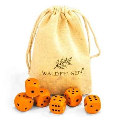 Afbeelding van Waldfelsen 6, 12, 20, 30 of 50 hoogwaardige houten kubussen van echt beukenhout, 16 mm standaard dobbelstenen met stoffen zak, set 6 stuks, oranje