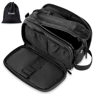 Afbeelding van Elviros Waterbestendige lederen toilettas voor mannen grote reistas scheren Dopp Kit Badkamer Gym Toiletten Make up Organizer met natte droge tas (Zwart, 28 x 15 16 cm)