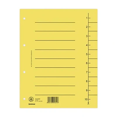 Afbeelding van DONAU 8610001 11 100 stuks scheidingsbladen, kleur: geel/kartonnen tabbladen overbreed van gerecycled karton 250 g/m² met lijnopdruk voor DIN A4 4 voudige perforatie scheidingsbladen mappen register