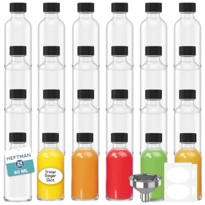 Afbeelding van HEFTMAN Glazen shotflessen met deksels 24 stuks 60 ml 3 trechters en etiketten herbruikbare gembershotflessen Lege heldere, luchtdichte miniflessen voor gembershots, sap, oliën,