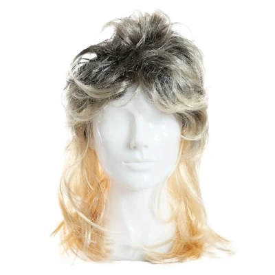 Afbeelding van blonde pruik voor volwassenen lange mul met zwarte wortels heren nieuwigheid party rocker 80s