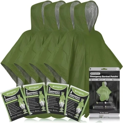 Afbeelding van aZengear Emergency Survival Poncho (4 stuks) Thermische Mylar Folie Coating Deken voor Warmte Retentie en Regen Omkeerbaar met Capuchon Waterdicht, Winddicht, Handsfree Outdoor Kit (Groen)
