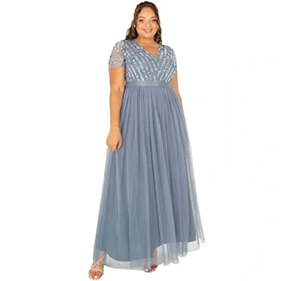 Afbeelding van Maya Deluxe Dames Maxi V hals Plus Size Ball Gown Korte Mouwen Lange Elegante Empire Waist Bridesmaid Jurk, Dusty Blue., 54 NL