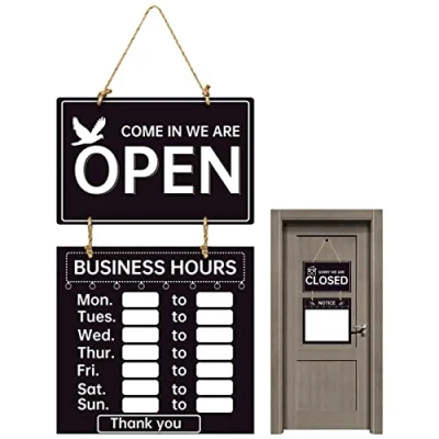 Afbeelding van Tijdenbord, dubbelzijdig bord voor openingstijden, decoratief welkomstbord, kantoortijdenbord winkel, sportschool, open en gesloten, met openingstijden