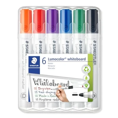Afbeelding van Staedtler Lumocolor 351 WP6 whiteboard marker (ronde punt ca. 2 mm lijnbreedte, set met 6 kleuren, hoge kwaliteit, droog en zonder resten afwasbaar van whiteboards