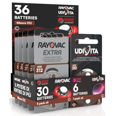 Afbeelding van 36 hoortoestelbatterijen Rayovac Extra Advanced 312. batterijen: 30 + 6 Udivita