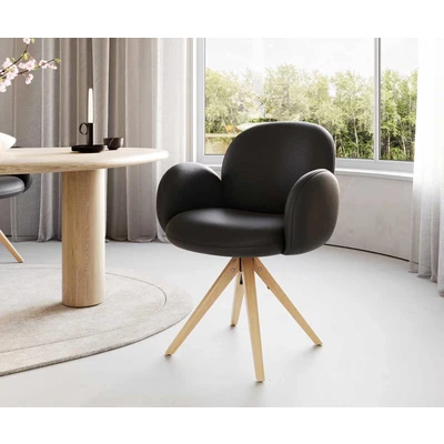 Afbeelding van DELIFE Draaistoel Nube Flex met armleuning echt leer zwart houten frame hoekig natuur pocketveer kern 180 draaibaar