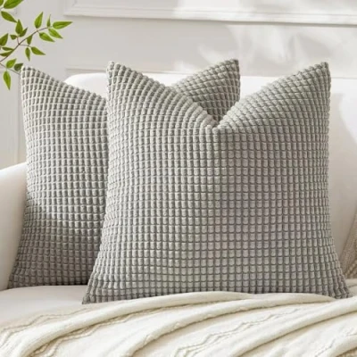 Afbeelding van MIULEE Zachte, effen, decoratieve, vierkante corduroy kussensloop met grote maïskorrels, kussenhoes voor sofa, slaapkamer, 16 x inch / 40 cm, set van 2, lichtgrijs